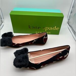 NWB kate spade Elen fox glen Black and Burgundy Floral Pom Ballet Flats